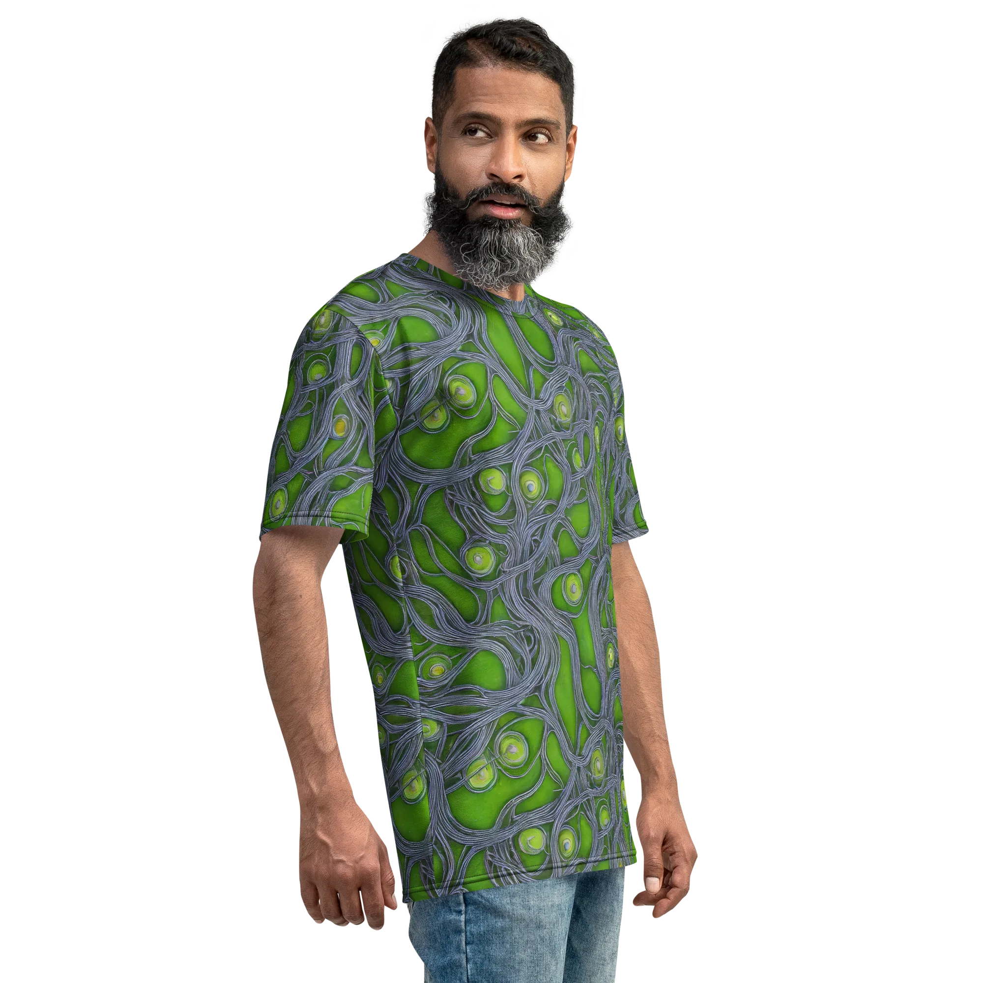 Neon Mycelium on Men's Crew Neck T-Shirt — Right sleeve