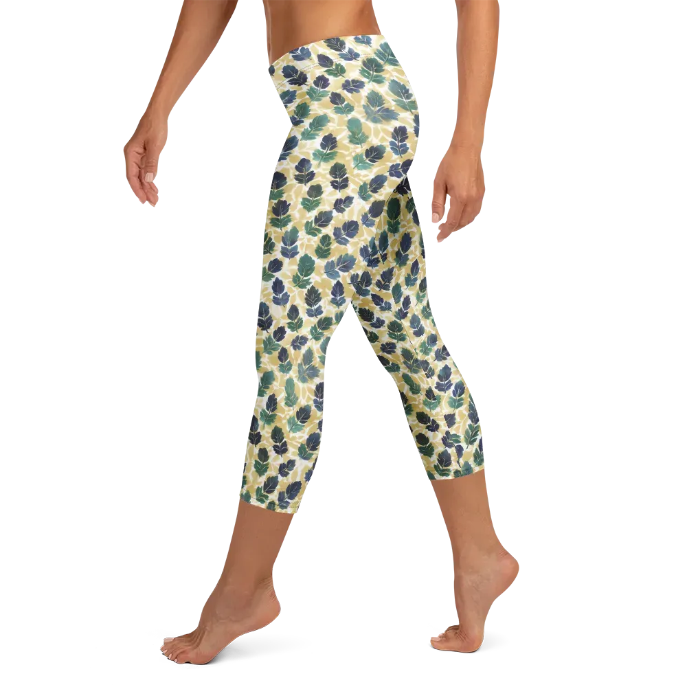 Golden Leaf Drift on Capri Leggings — Left