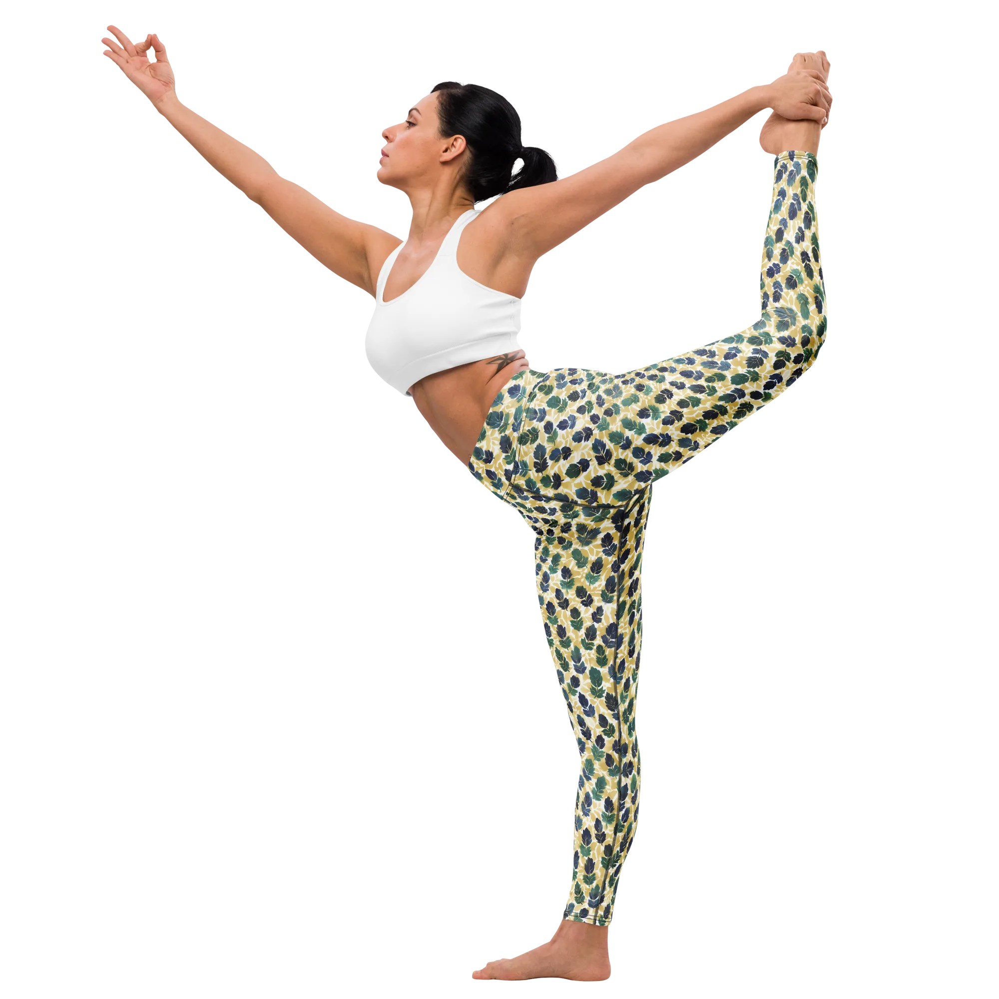Golden Leaf Drift on Yoga Leggings — Front waist
