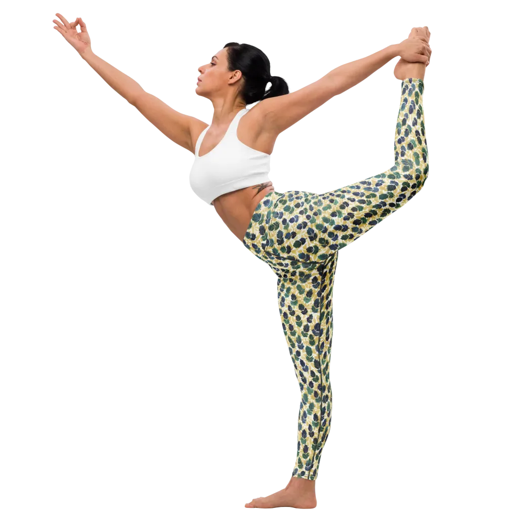 Golden Leaf Drift on Yoga Leggings — Front waist