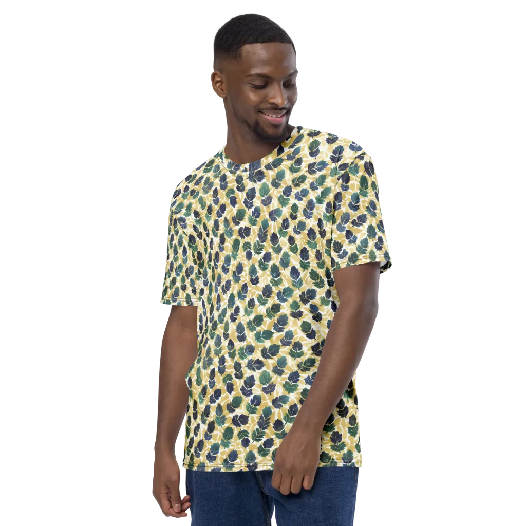 Golden Leaf Drift on Men's Crew Neck T-Shirt — Left sleeve