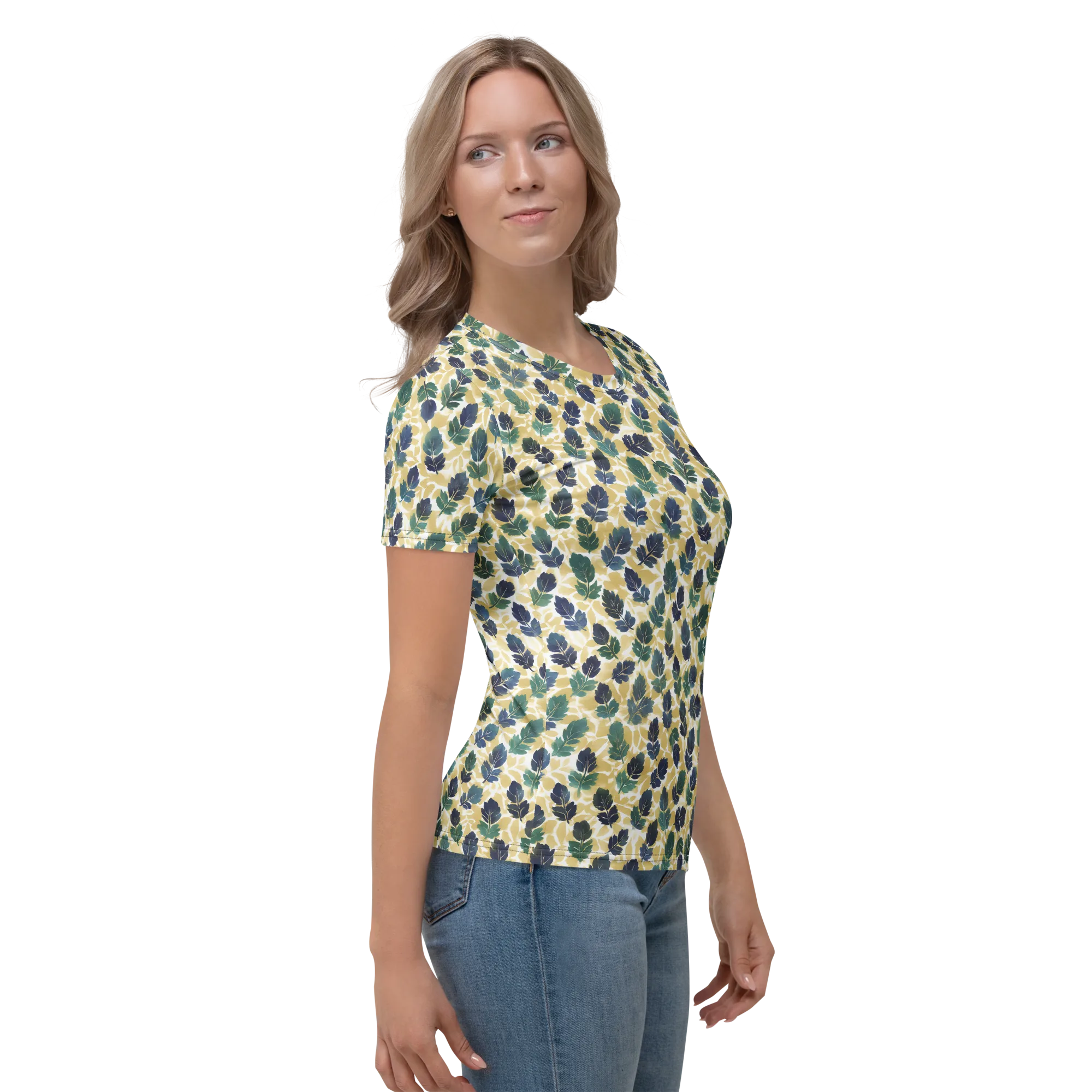 Golden Leaf Drift on Women's Crew Neck T-Shirt — Right sleeve