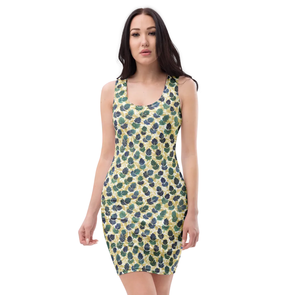 Golden Leaf Drift on Bodycon Dress — Front