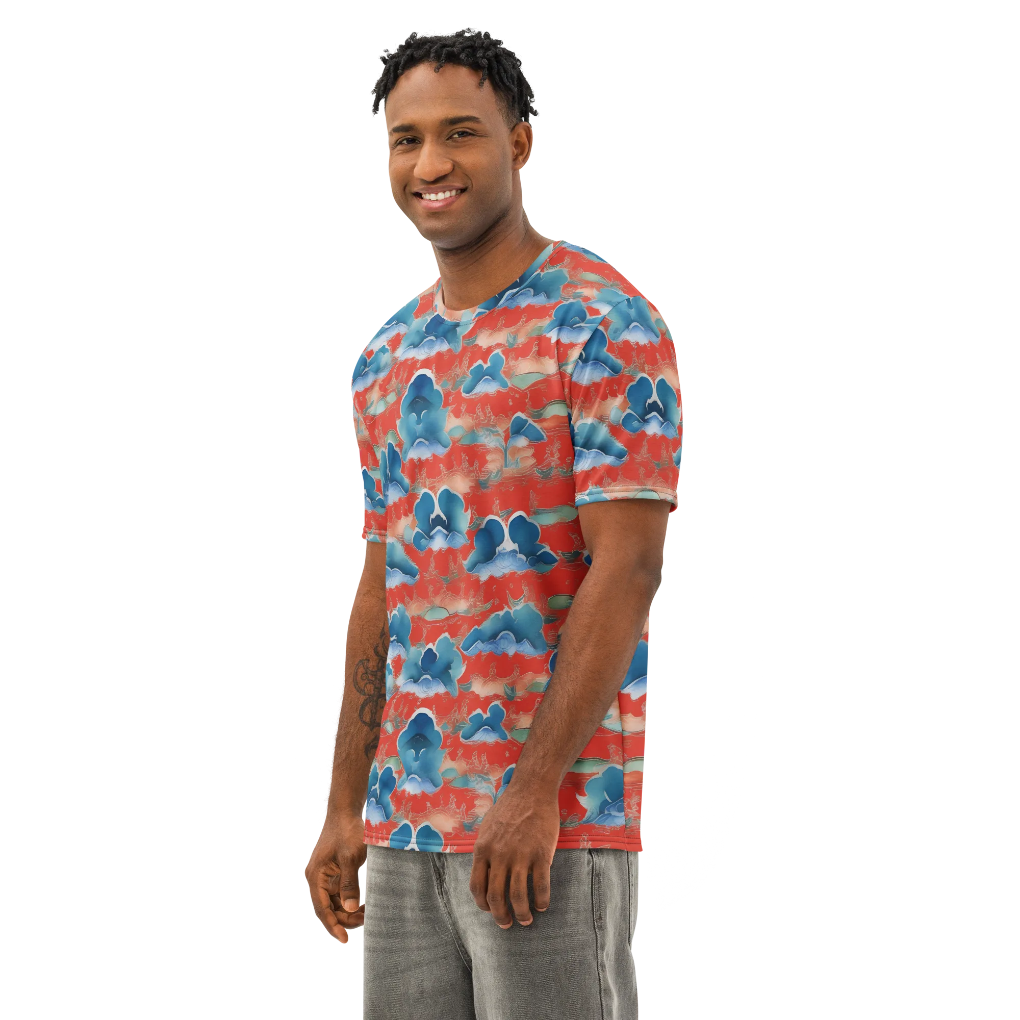 Vermilion Cloudscape on Men's Cotton Crew Neck T-Shirt — Left Front