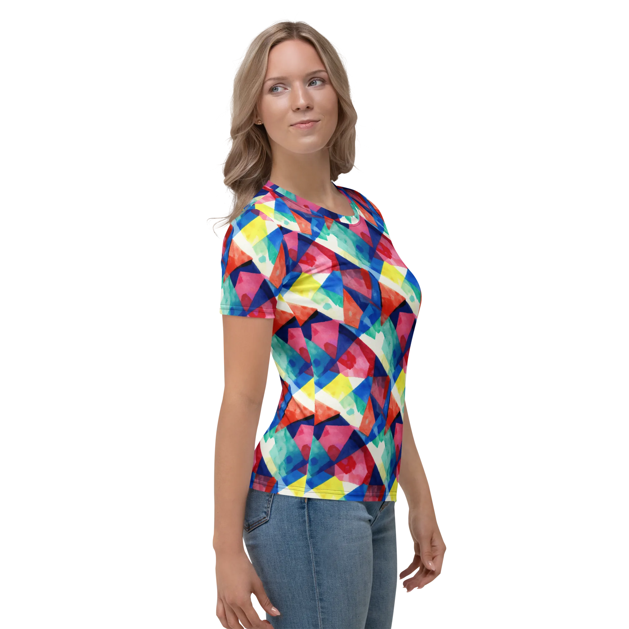 Chromatic Collage on Women's Crew Neck T-Shirt — Right sleeve