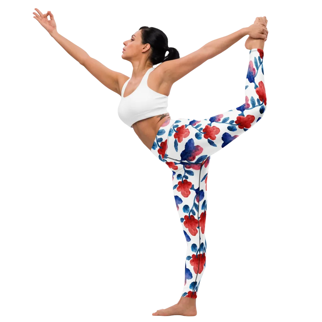 Blue Bloom Reverie on Yoga Leggings — Front waist
