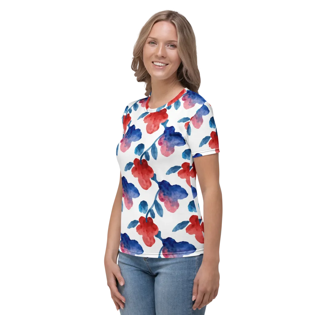 Blue Bloom Reverie on Women's Crew Neck T-Shirt — Left sleeve