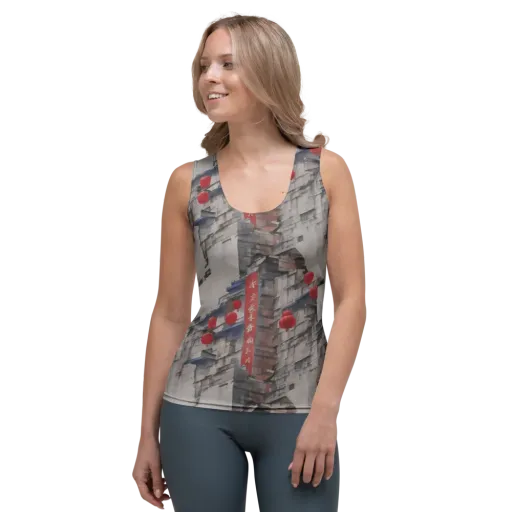 Crimson Lantern Alley on a Women's Tank Top