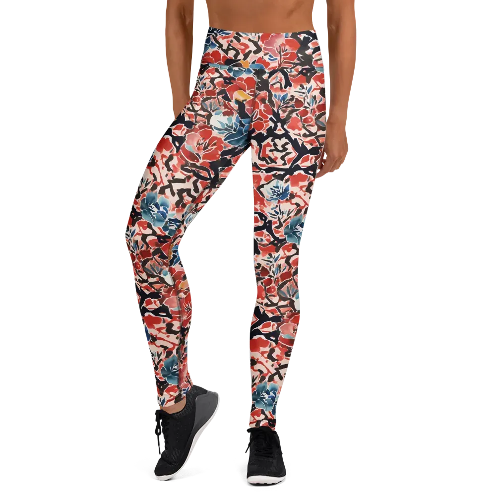 Crimson Brushwork on Yoga Leggings — Front