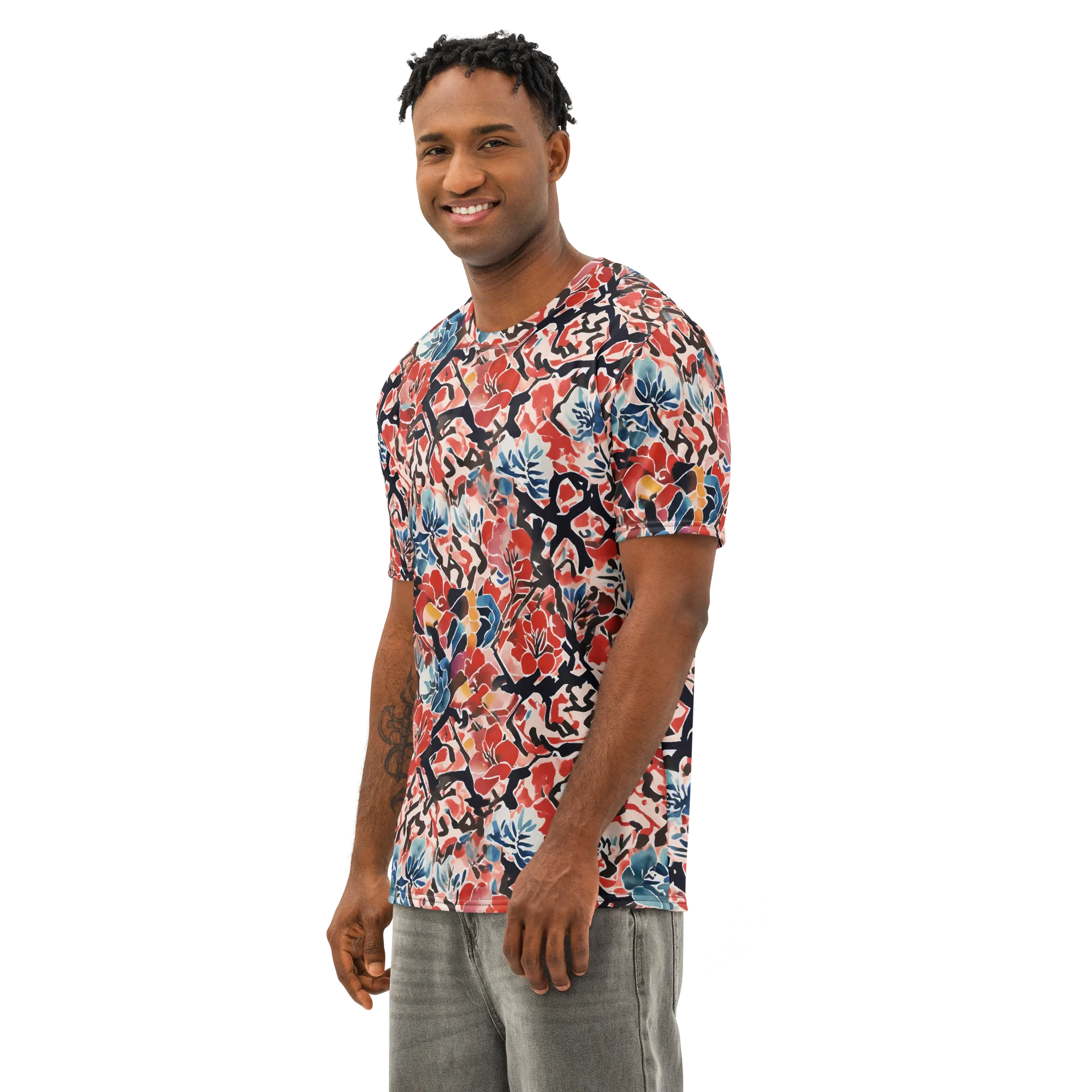Crimson Brushwork on Men's Cotton Crew Neck T-Shirt — Left Front