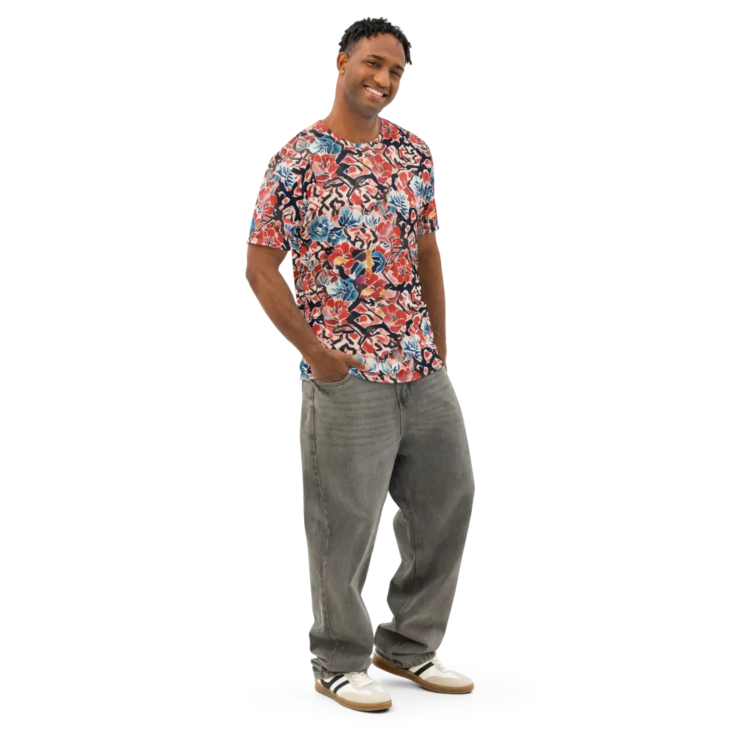 Crimson Brushwork on Men's Cotton Crew Neck T-Shirt — Right Front