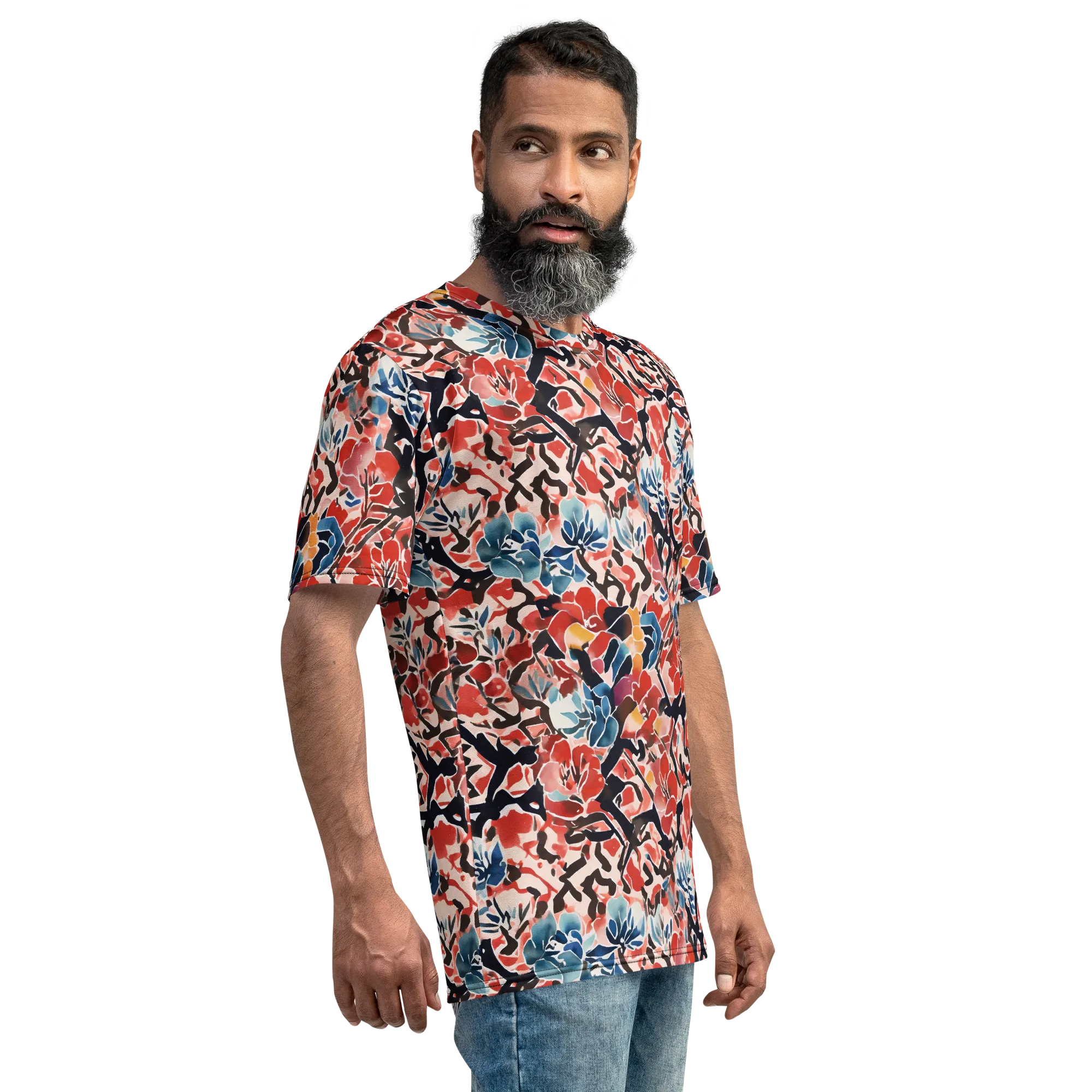 Crimson Brushwork on Men's Crew Neck T-Shirt — Right sleeve