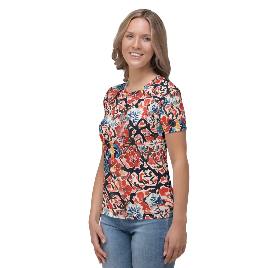 Crimson Brushwork on Women's Crew Neck T-Shirt — Left sleeve
