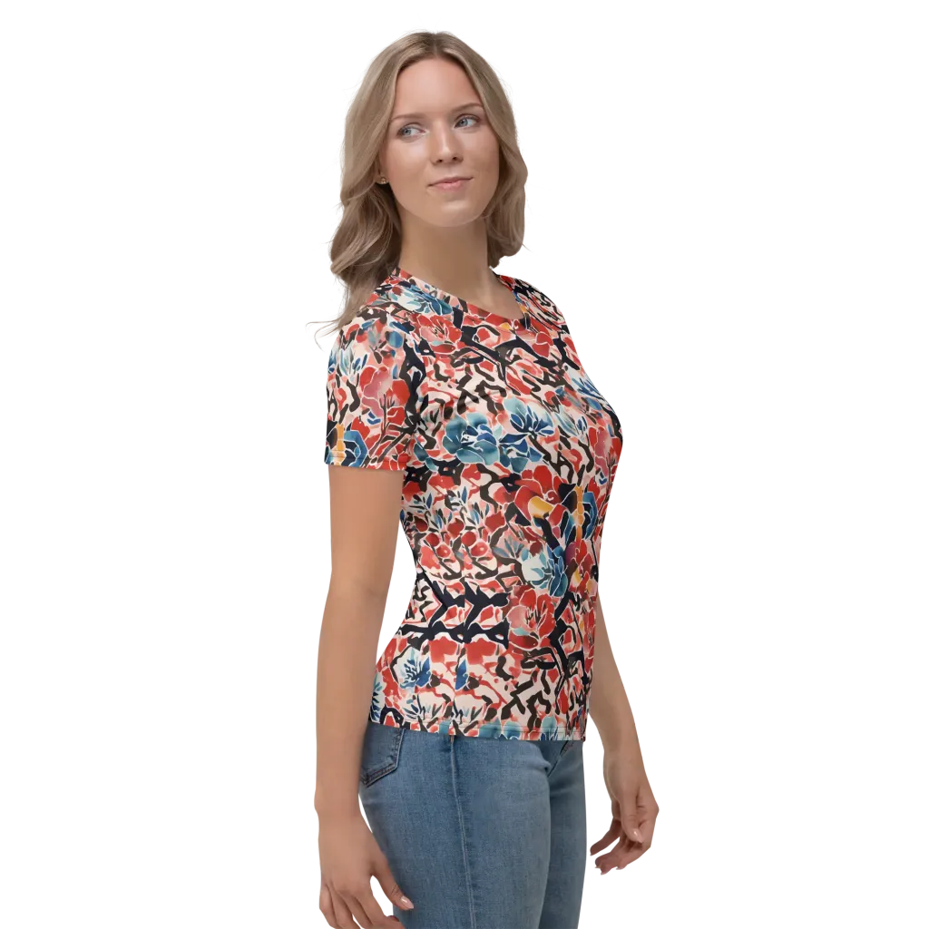 Crimson Brushwork on Women's Crew Neck T-Shirt — Right sleeve