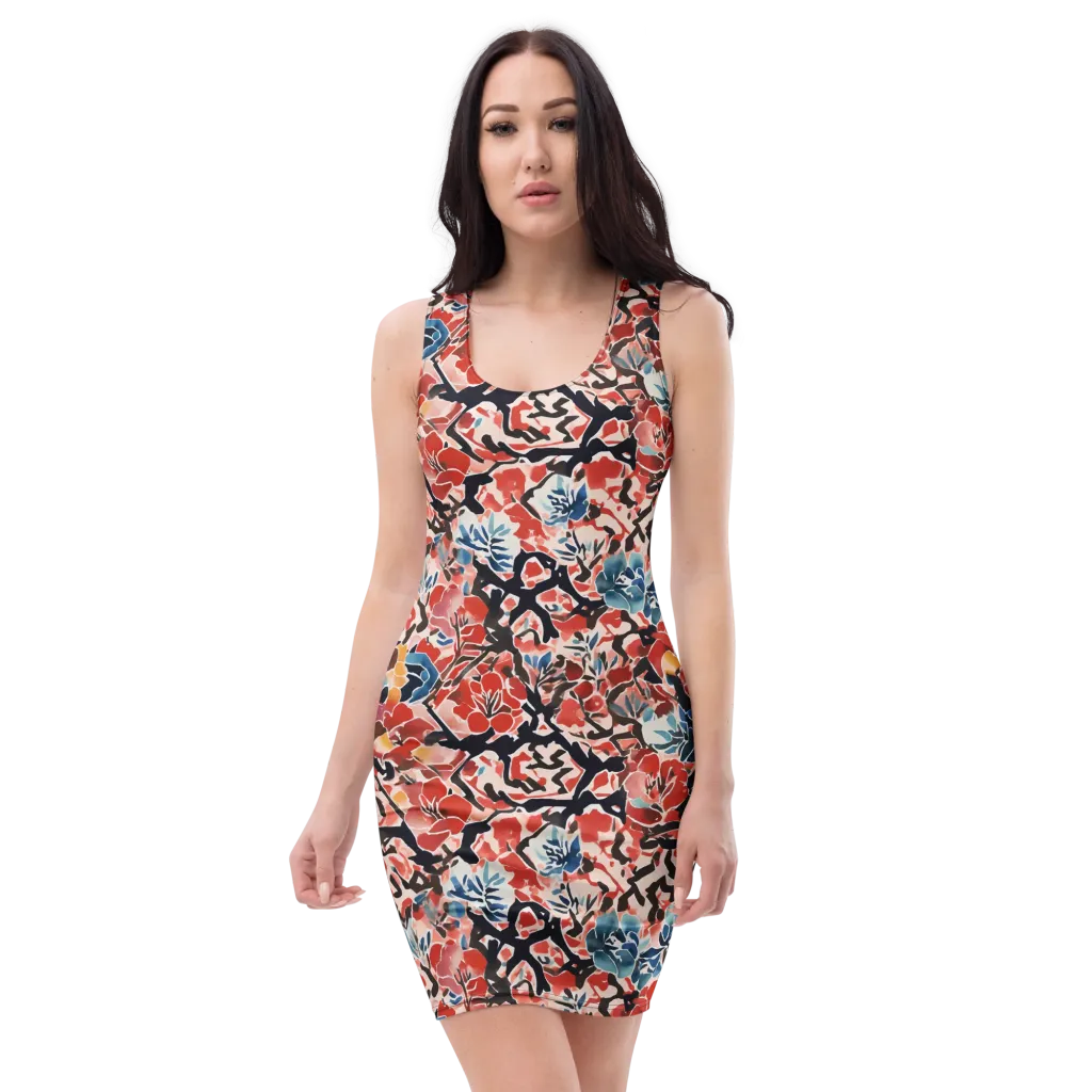 Crimson Brushwork on Bodycon Dress — Front