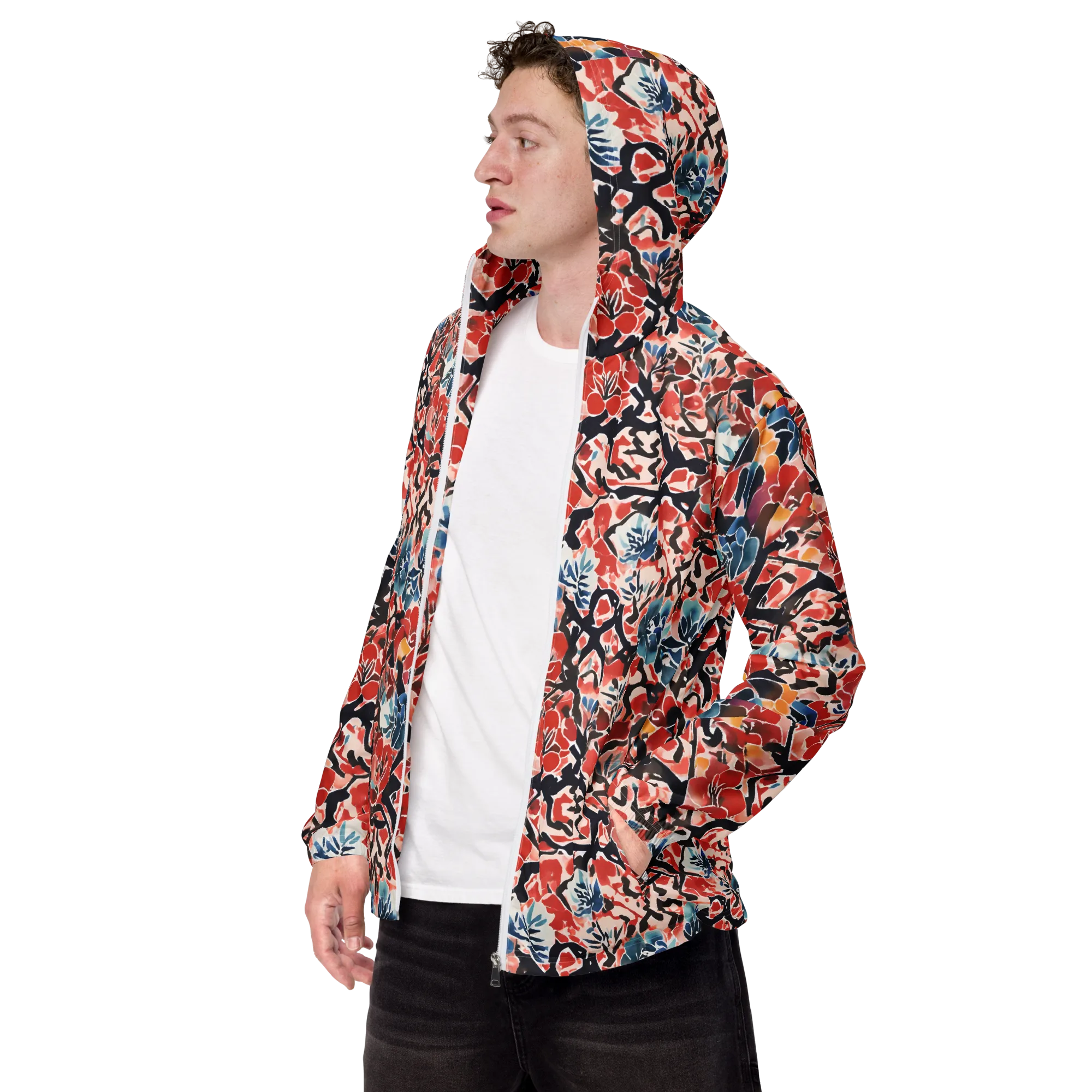 Crimson Brushwork on Men's Windbreaker — Left Front