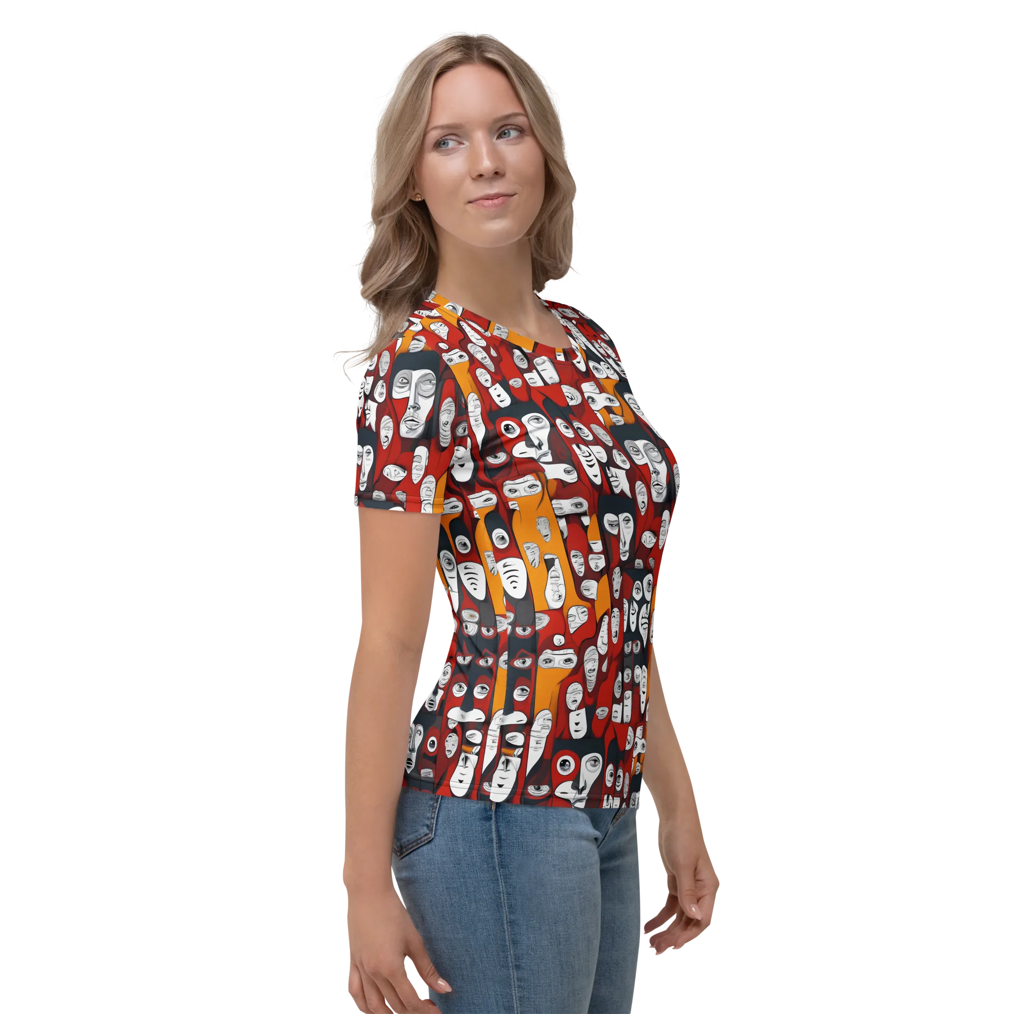 Crimson Visions on Women's Crew Neck T-Shirt — Right sleeve