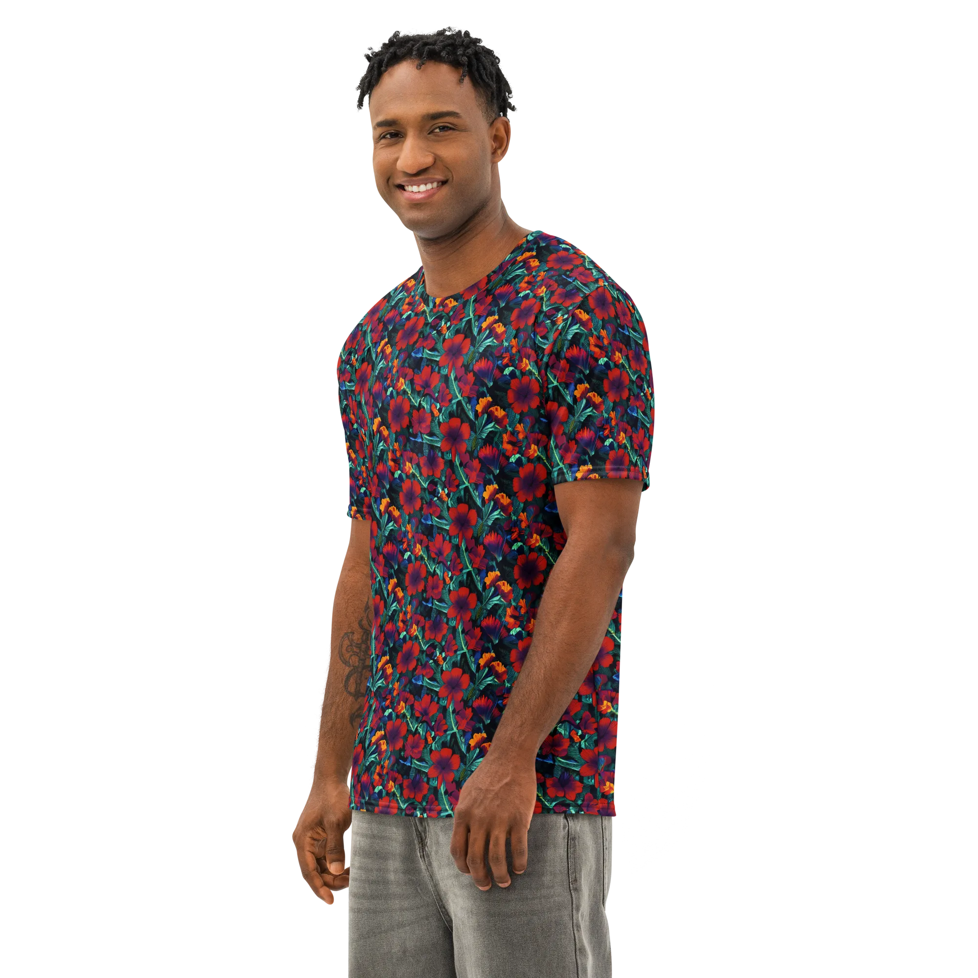 Crimson Jungle on Men's Cotton Crew Neck T-Shirt — Left Front