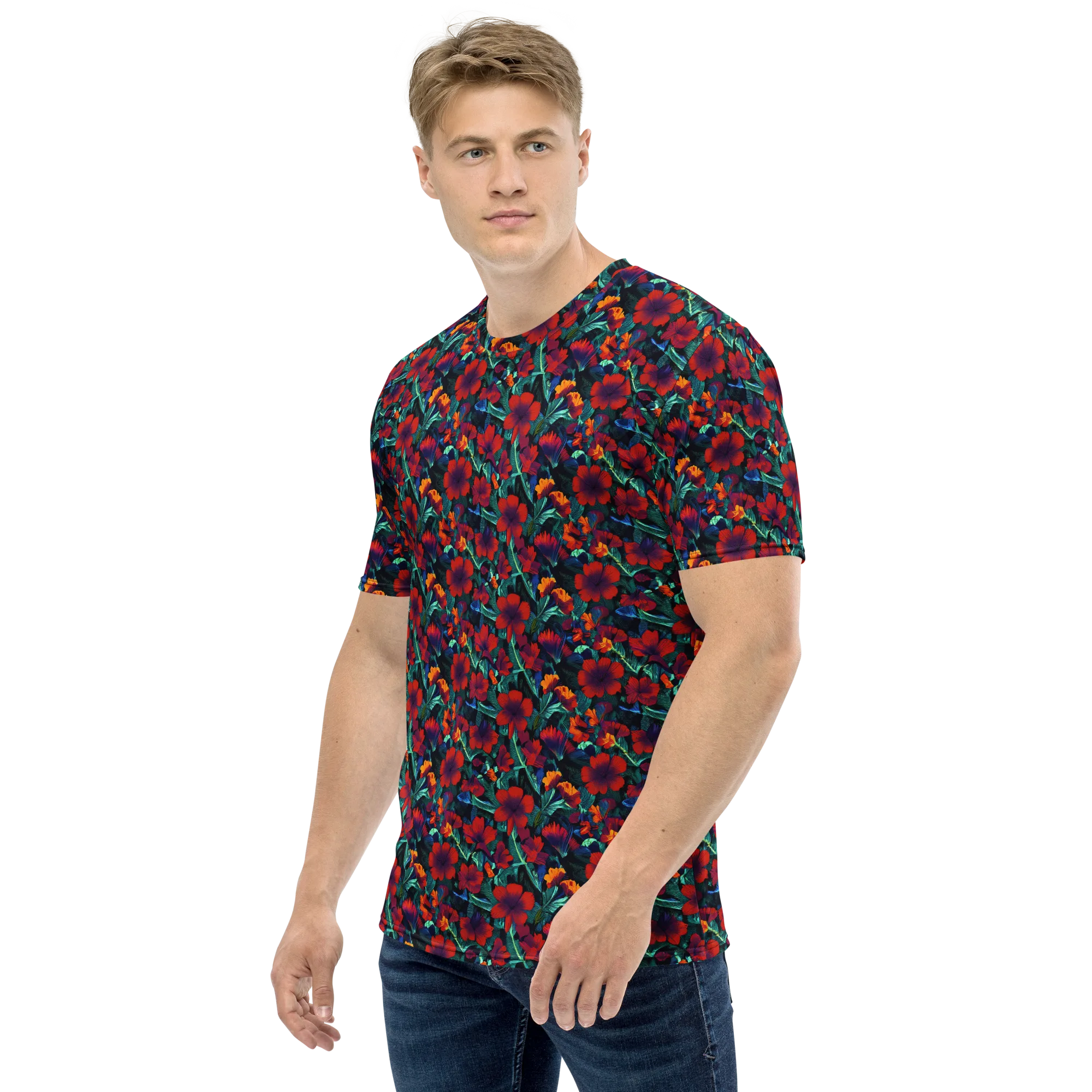 Crimson Jungle on Men's Crew Neck T-Shirt — Left sleeve