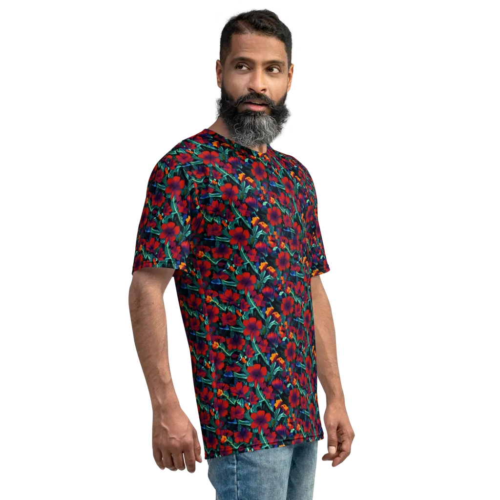 Crimson Jungle on Men's Crew Neck T-Shirt — Right sleeve