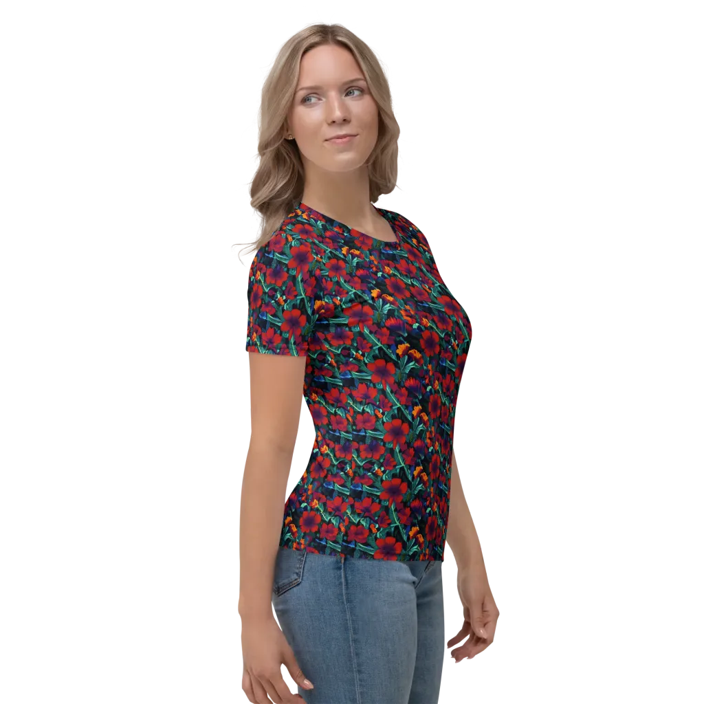 Crimson Jungle on Women's Crew Neck T-Shirt — Right sleeve