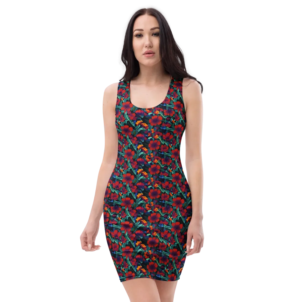 Crimson Jungle on Bodycon Dress — Front