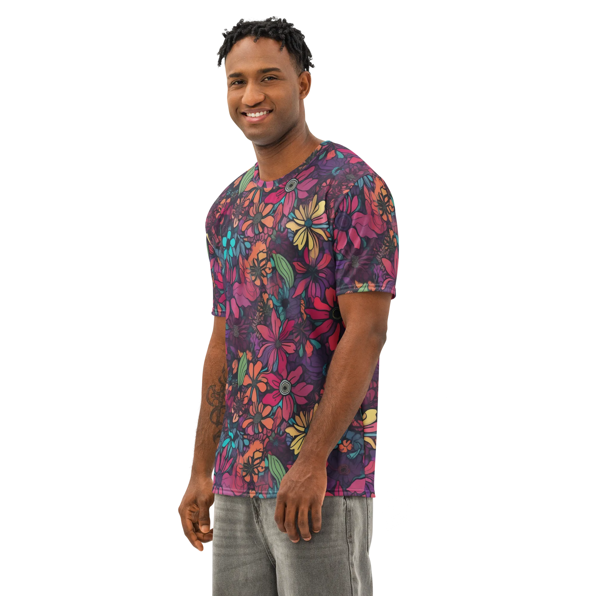 Neon Herbarium on Men's Cotton Crew Neck T-Shirt — Left Front