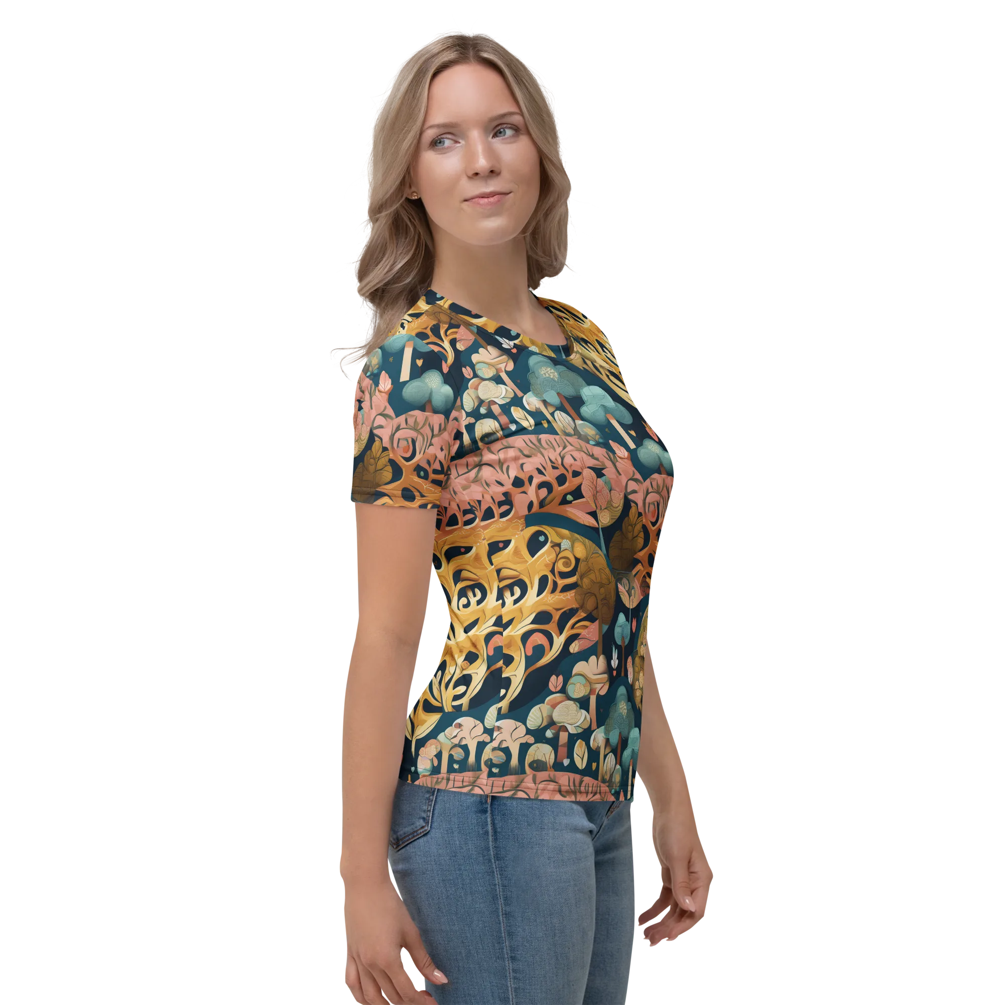 Midnight Mycelium on Women's Crew Neck T-Shirt — Right sleeve