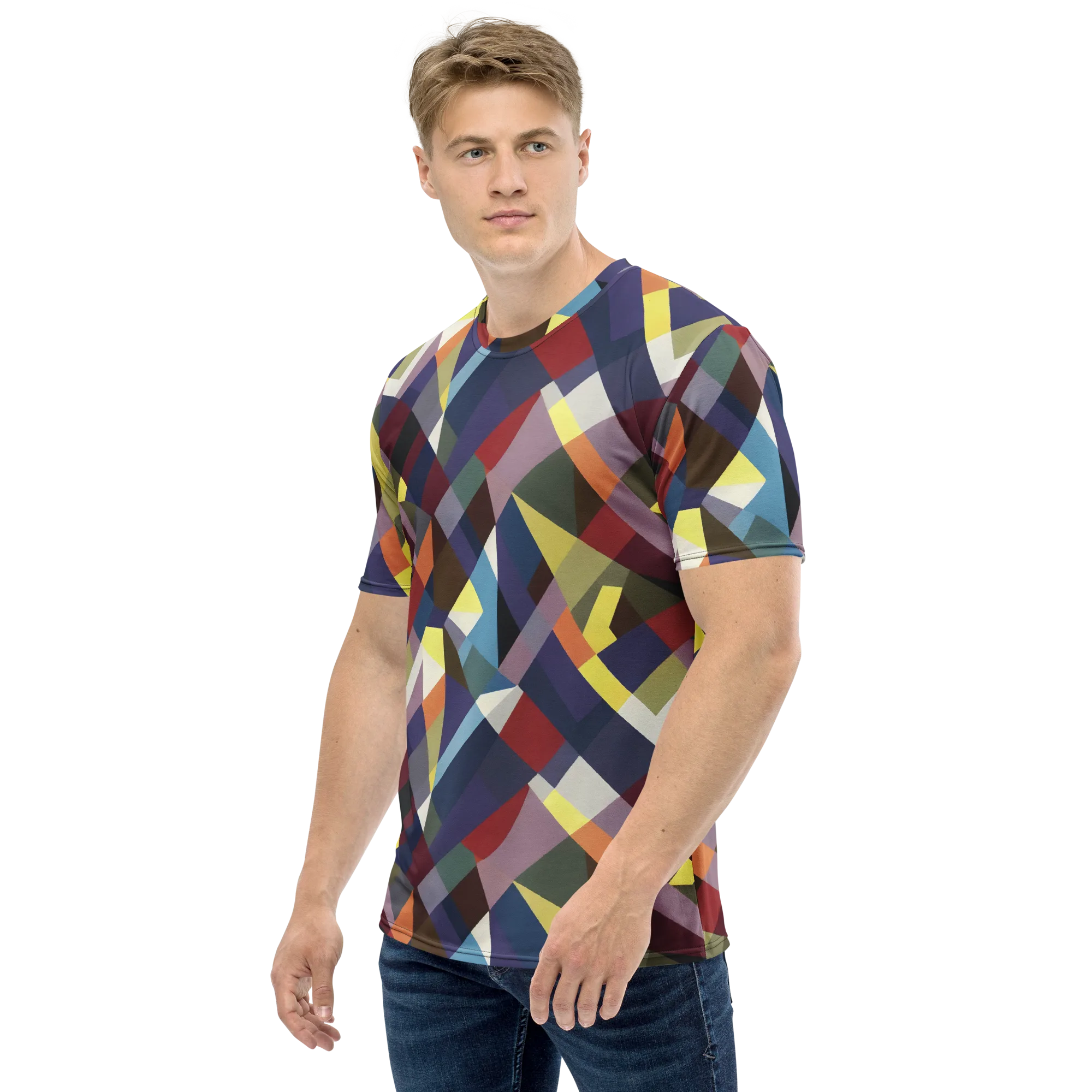 Prismatic Relay on Men's Crew Neck T-Shirt — Left sleeve