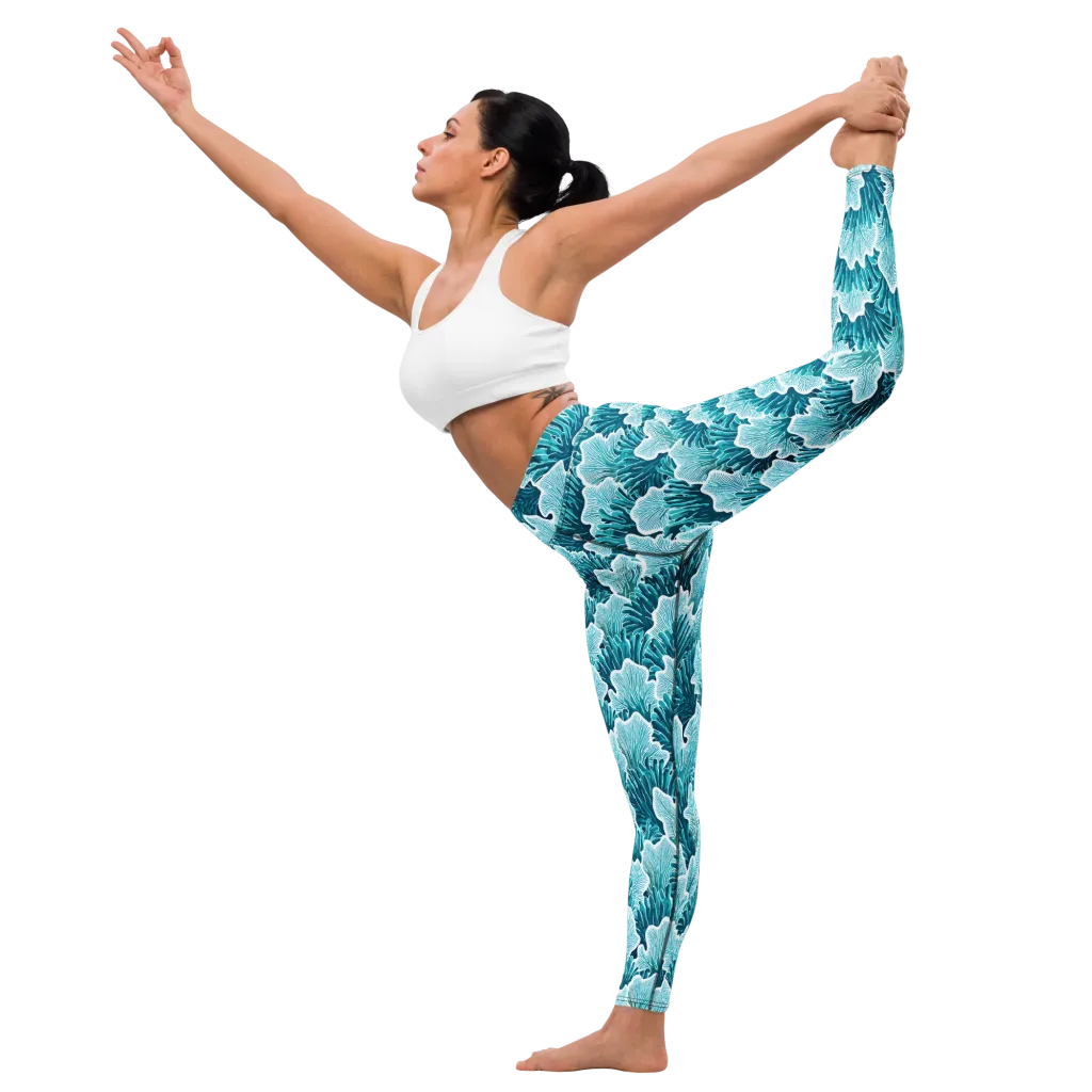 Azure Coral on Yoga Leggings — Front waist