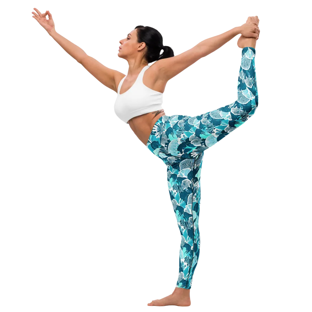 Aqua Fanfare on Yoga Leggings — Front waist
