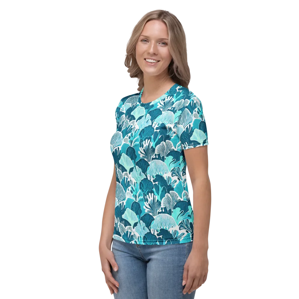 Aqua Fanfare on Women's Crew Neck T-Shirt — Left sleeve