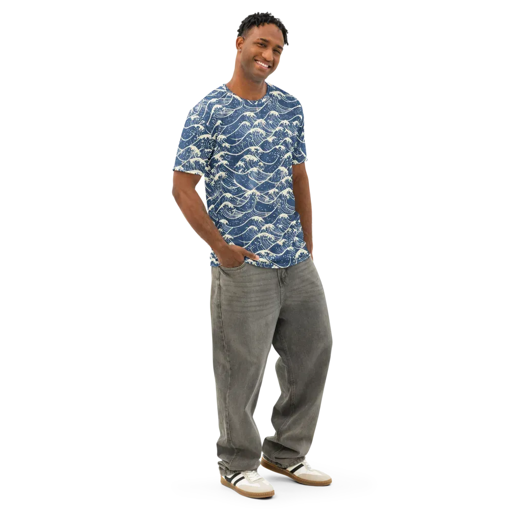 Ukiyo Wave on Men's Cotton Crew Neck T-Shirt — Right Front