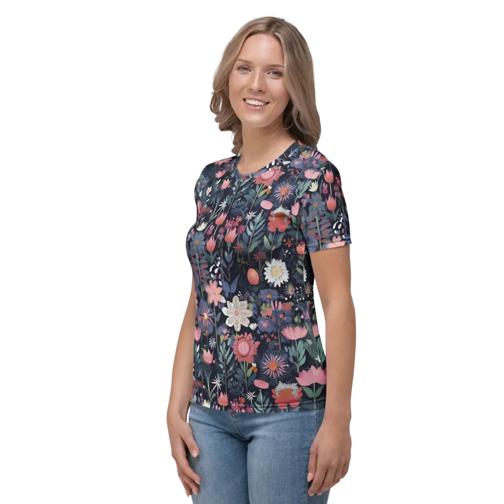 Twilight Bloom on Women's Crew Neck T-Shirt — Left sleeve