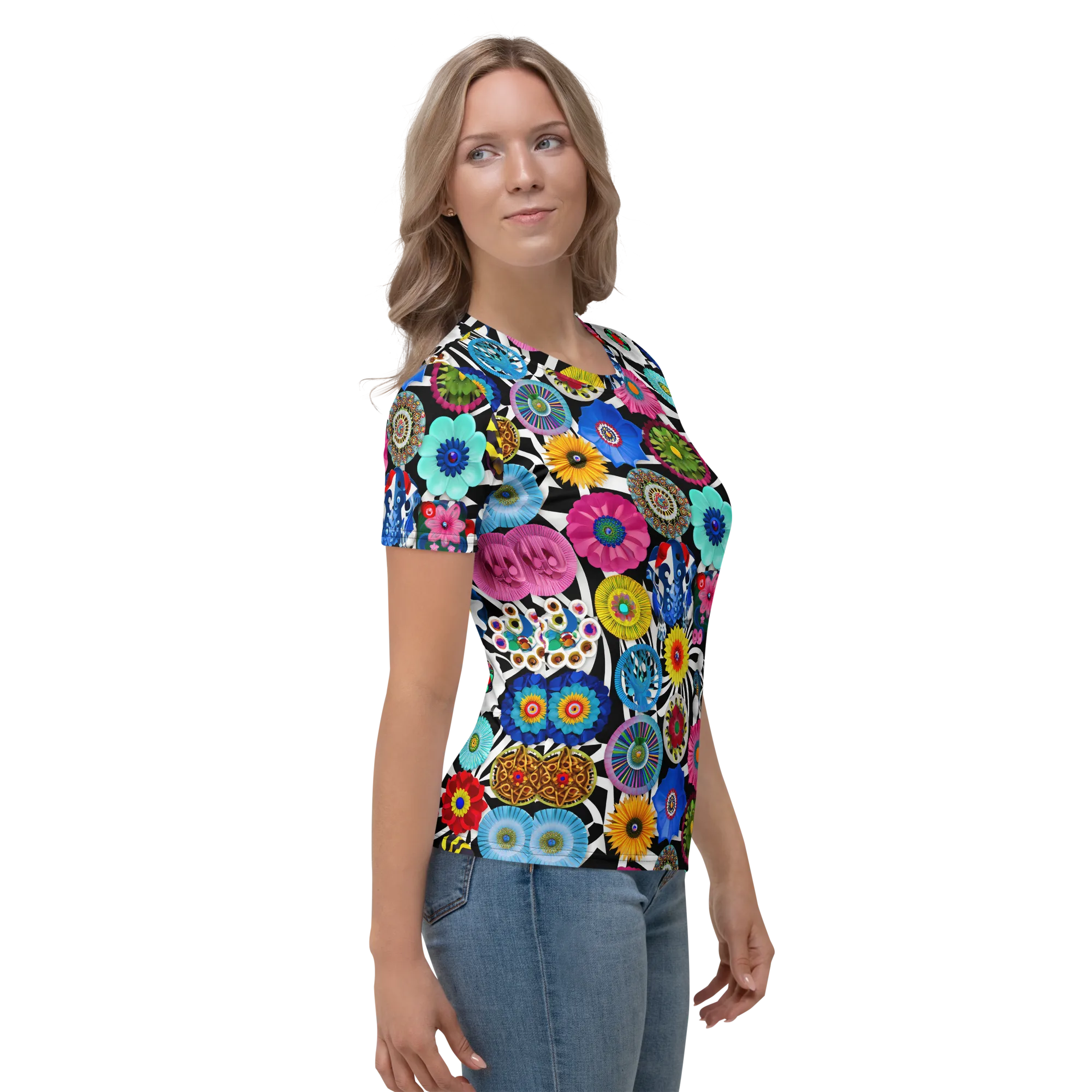 Chromatic Carnival on Women's Crew Neck T-Shirt — Right sleeve