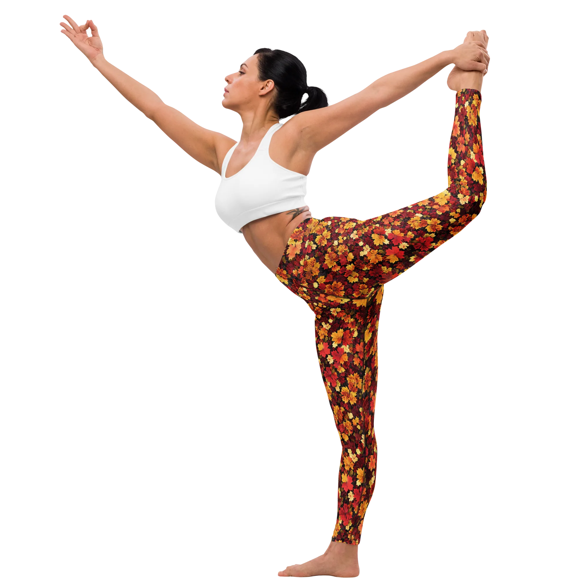 Falling Gold on Yoga Leggings — Front waist